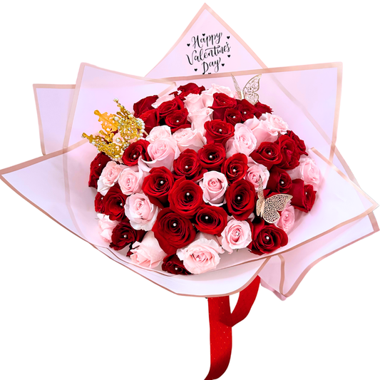 Princess Bicolor Buchón – 50 Pink & Red Roses with Elegant Pearls