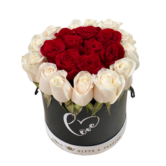 Fresh Roses in Deluxe Box (Love-Black) | Classic Red and White Color