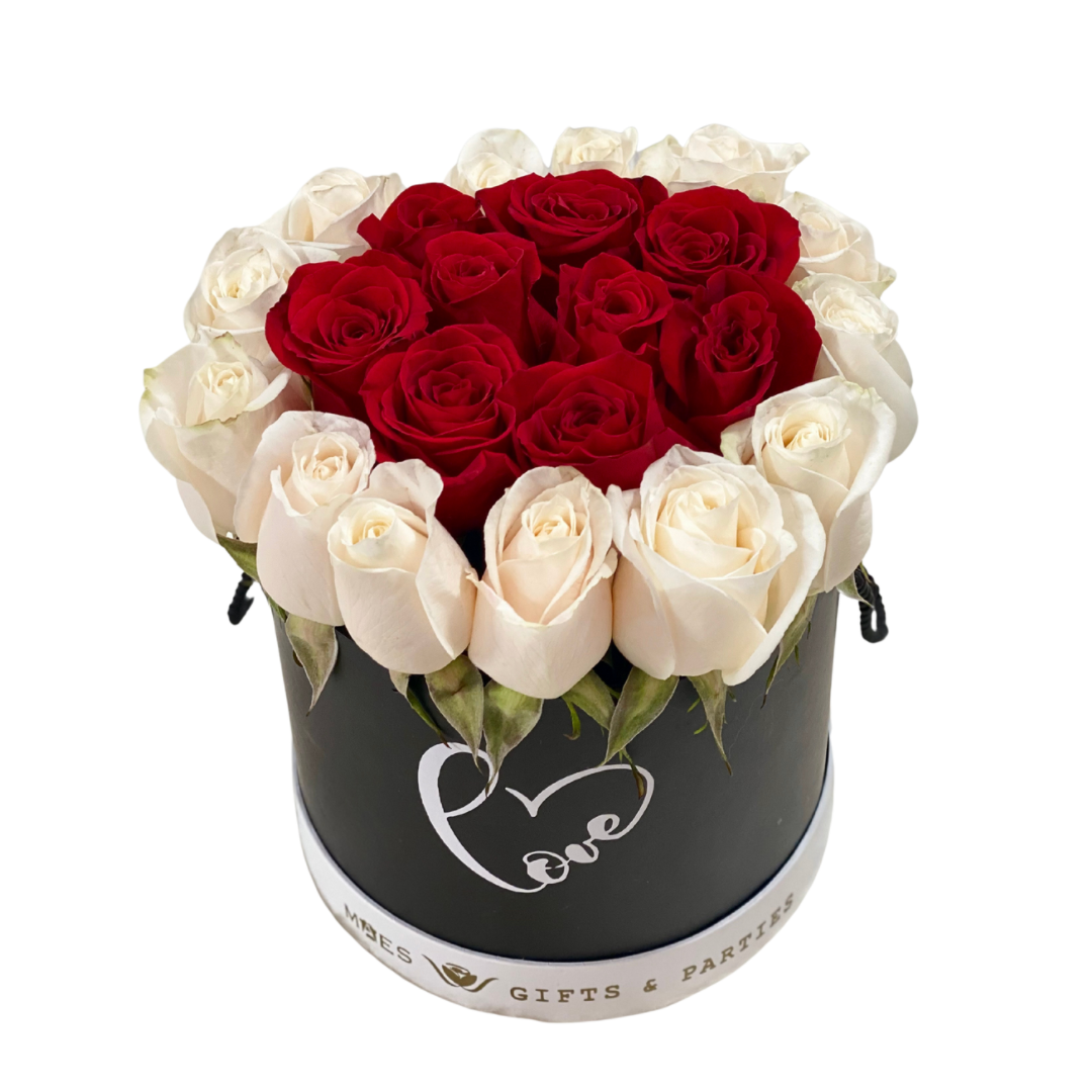 Fresh Roses in Deluxe Box (Love-Black) | Classic Red and White Color