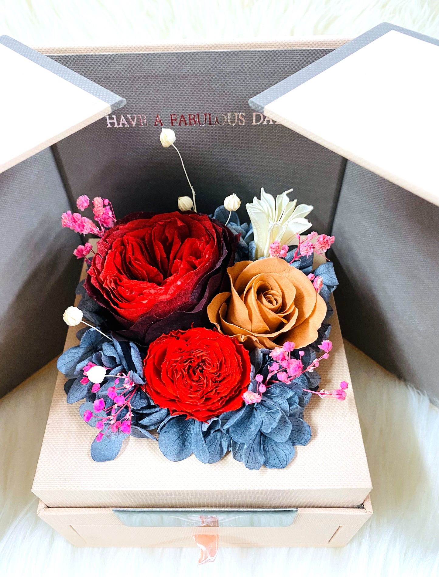 Deluxe Drawer Box with three Preserved Roses | Red-Mustard Color