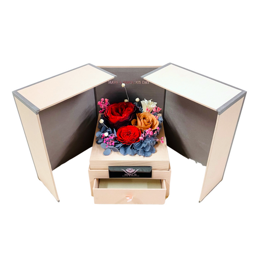 Deluxe Drawer Box with three Preserved Roses | Red-Mustard Color